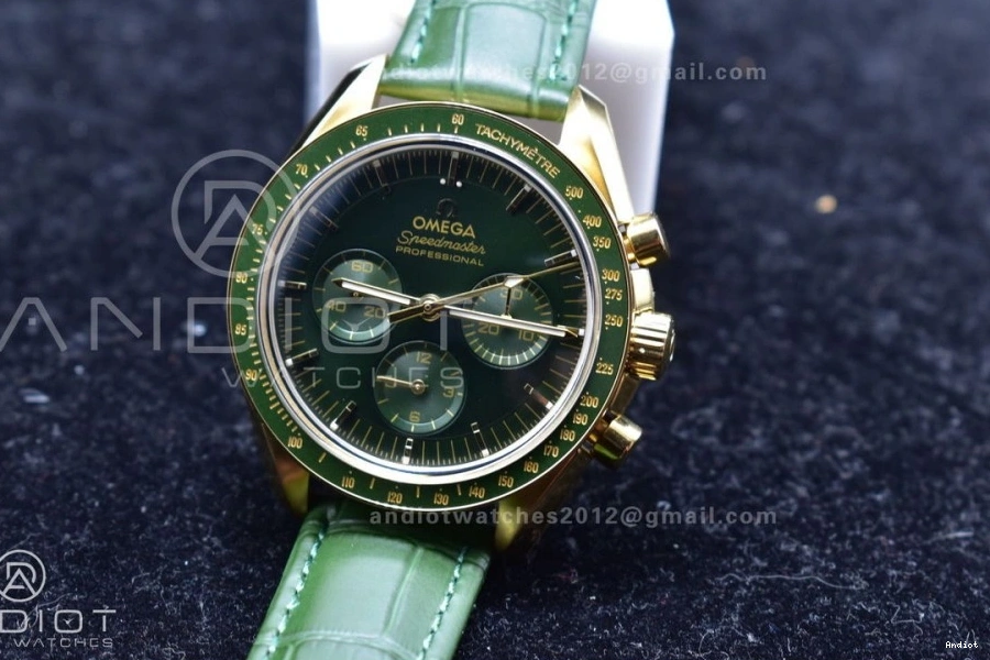 Gold Green Manual Speedmaster Green YG in Dial Chrono Strap Leather on RMF Moonshine Moonwatch Edition Best 0701